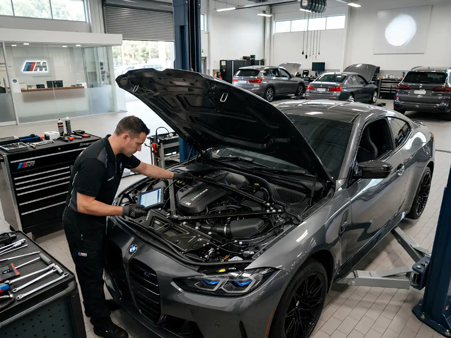 فني معتمد يفحص حجرة محرك سيارة BMW أثناء الفحص قبل الشراء في دبي