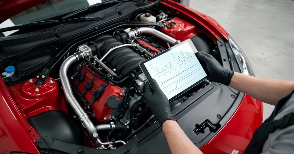 Diagnostic check on a Ferrari during a pre-purchase inspection in Dubai
