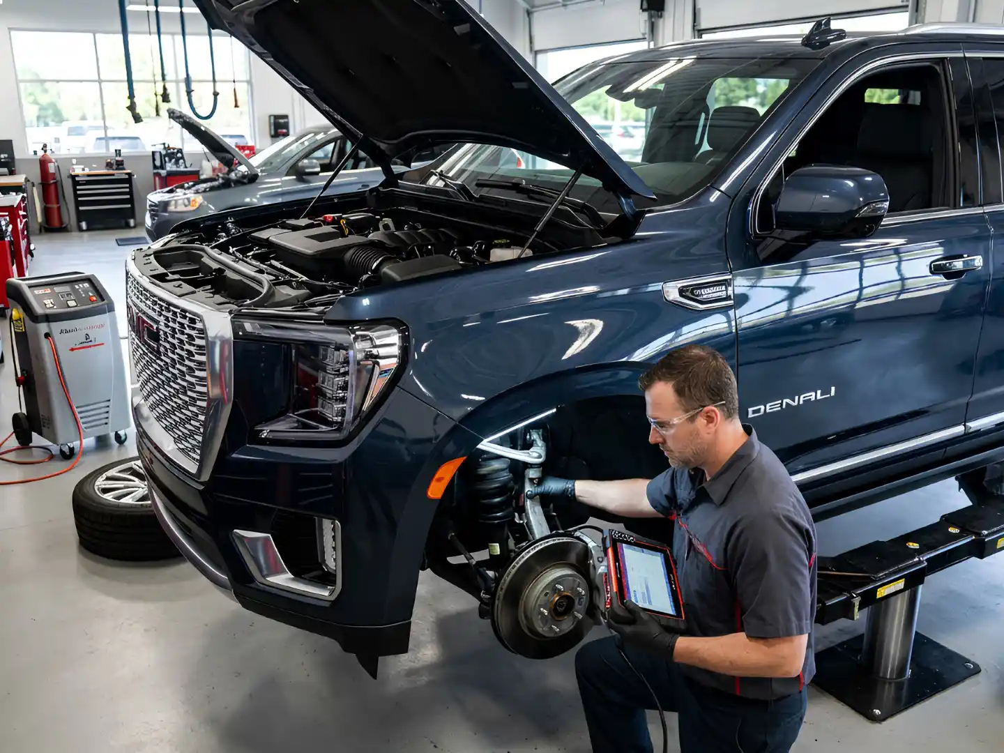 Certified inspector examining a GMC engine bay during a pre-purchase inspection in Dubai