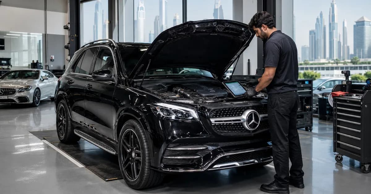 Diagnostic check on a Mercedes during a pre-purchase inspection in Dubai