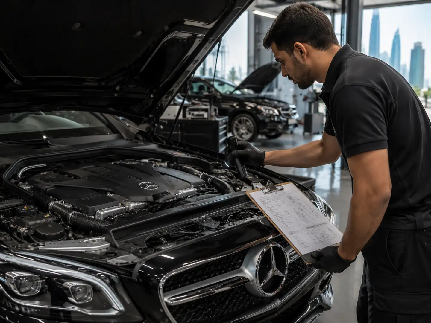 Certified inspector examining a Mercedes engine bay during a pre-purchase inspection in Dubai