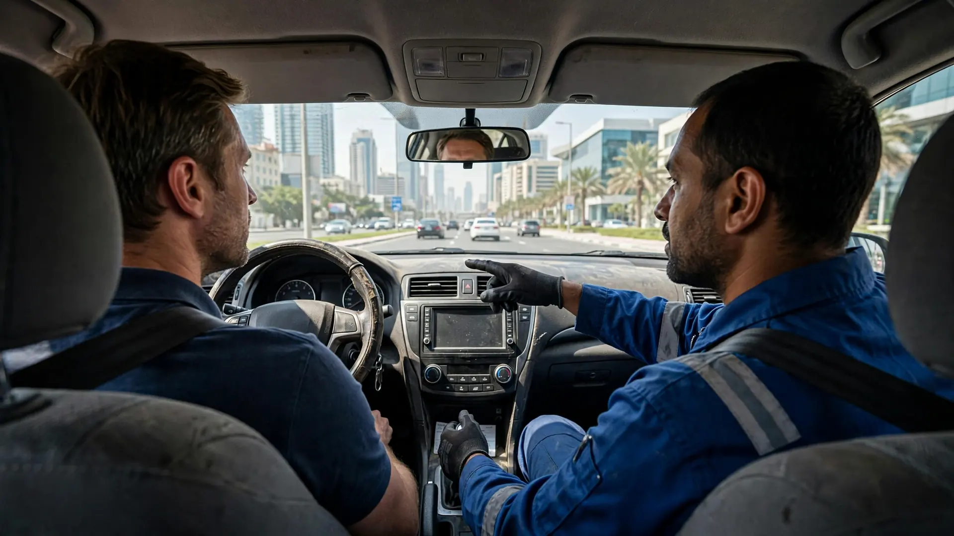 Buyer inspecting a used car in Dubai before paying the seller