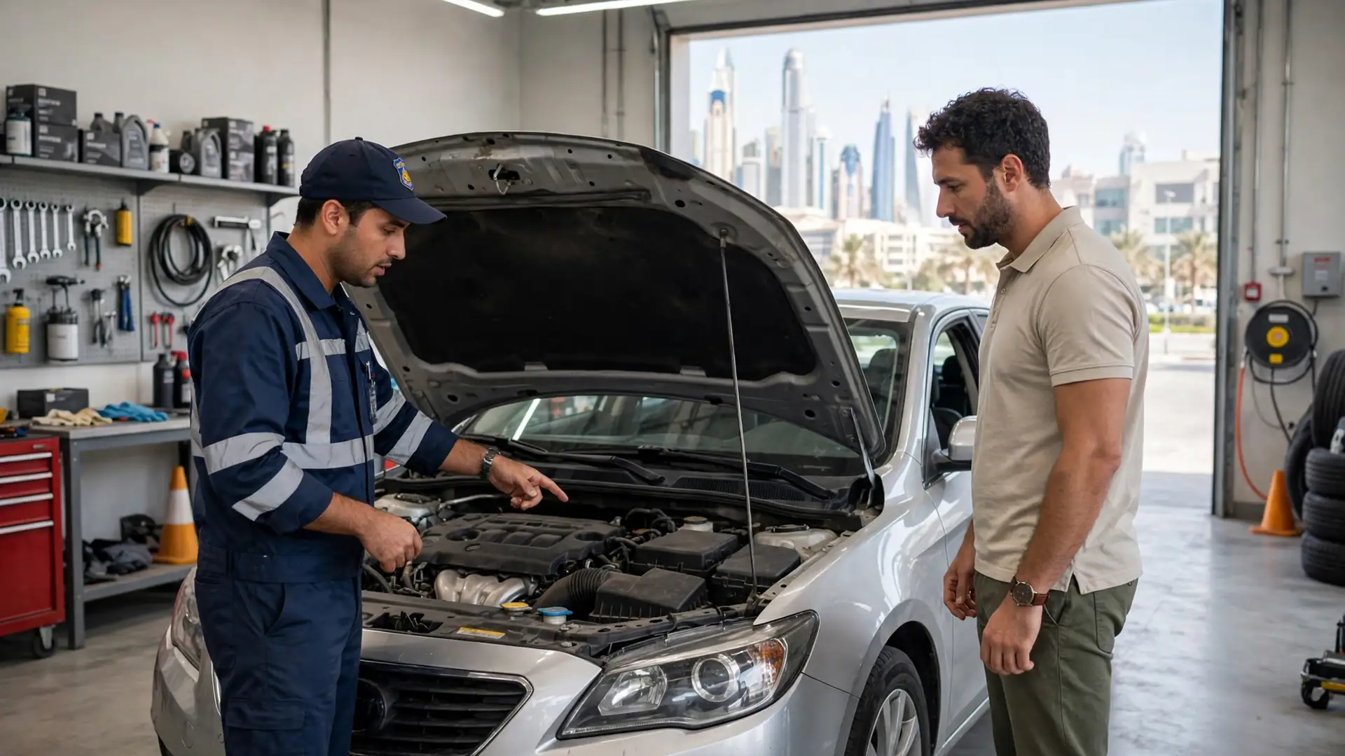 Mechanic carrying out a pre-purchase car inspection on a used car in Dubai