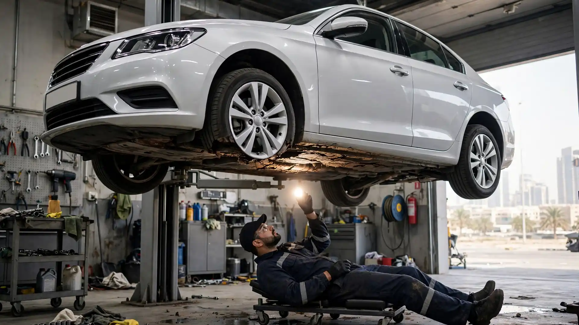 Professional inspector examining a used car in Dubai before it is sold